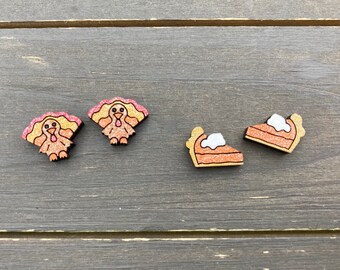 Thanksgiving Earrings, Turkey Wood Studs, Small Fall Studs, Pumpkin Pie Wood Studs, Fall Earrings, Small Turkey Earrings, Thanksgiving Studs