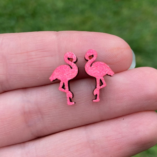 Flamingo Stud Earrings, Wood Flamingo Studs, Bird Earrings, Summer Stud Earrings, Small Flamingo Earrings, Pink Flamingo Stud Earrings