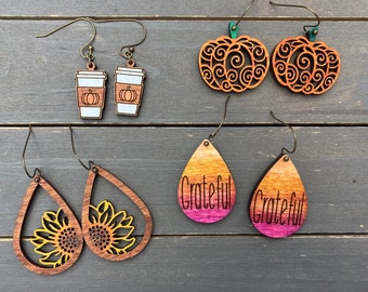 Fall Pumpkin Earrings, Wood Fall Earrings, Pumpkin Scroll Earrings, Fall Coffee Earrings, Sunflower Earrings, Grateful Fall Earrings