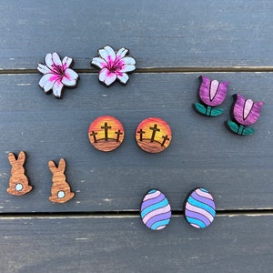 Easter Stud Earrings, Small Bunny Earring, Cross Stud Earring, Wood Stud Earrings, Easter Studs, Lily Tulip Wood Studs, Easter Egg Earring