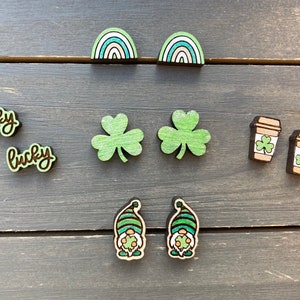 St Patrick’s Day Stud Earrings, Small Shamrock Earrings, Lucky Stud Earring, Wood Stud Earrings, St Patrick’s Studs, Rainbow Wood Studs