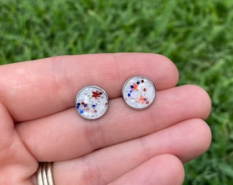 4th of July Earrings, Red White Blue Earrings, Glitter Stud Earrings, Small Patriotic Earrings, Fourth of July Jewelry, 4th of July Glitter