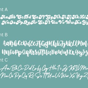 May include: A teal graphic display featuring three distinct white alphabet sets labeled Font A, Font B, and Font C. Font A is a bold, rounded script. Font B is a textured, brush-style script. Font C is a thin, elegant, flowing cursive script.
