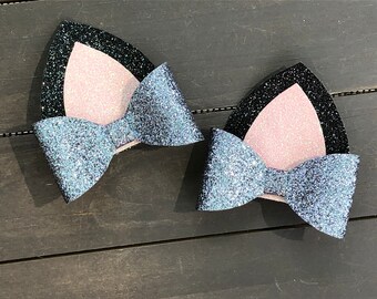 Kitty Cat Ear Pigtail Bow Set | Black and Pink Pigtail Bows | Cat Ear Pigtail Clips
