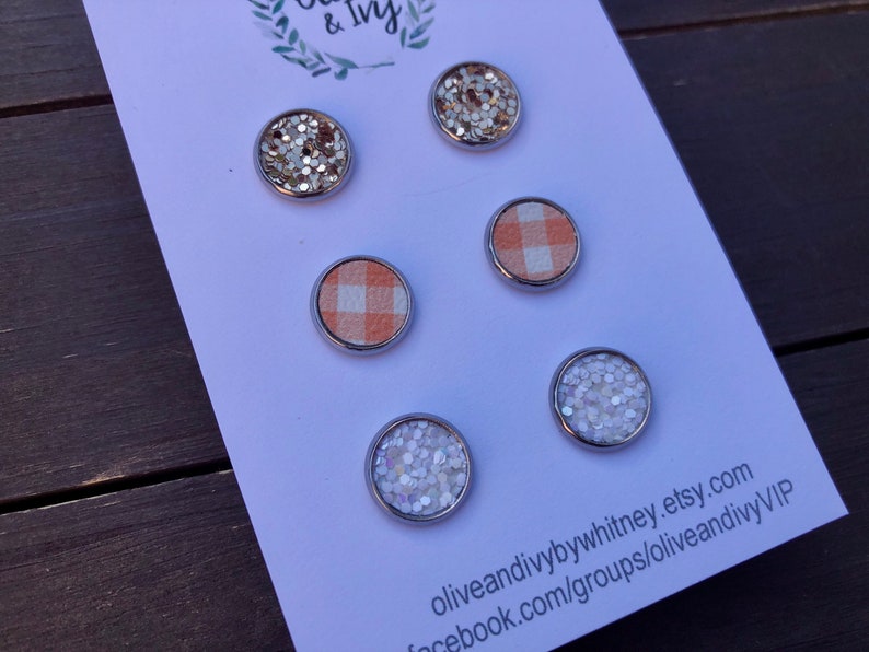 Op de afbeelding: Zes verschillende ronde, zilveromrande, decoratieve versieringen. De versieringen zijn gemaakt van glitter, stof en wit iriserend materiaal. De versieringen worden getoond op een witte kaart met de tekst "oliveandiivybywhitney.etsy.com facebook.com/groups/oliveandiivyVIP".