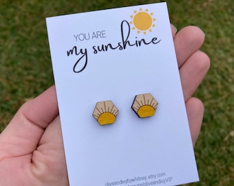 Sunshine Earrings, You are my Sunshine Studs, Small Sun Earrings, Sunshine Gift, Wood Studs, Small Earrings, Stocking Stuffer