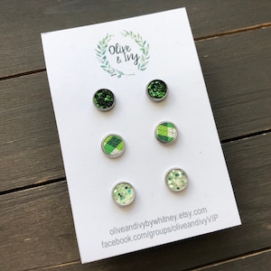Green Stud Earrings | St Patrick’s Day Stud Earrings | Green Glitter Stud Earrings | Green Plaid Stud Earrings