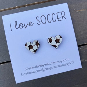 Soccer Stud Earrings, Wood Sports Studs, Soccer Heart Earrings, I Love Soccer Stud Earrings, Soccer Coach Gift, Small Soccer Accessories