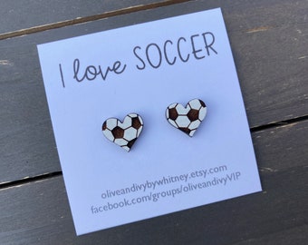 Soccer Stud Earrings, Wood Sports Studs, Soccer Heart Earrings, I Love Soccer Stud Earrings, Soccer Coach Gift, Small Soccer Accessories