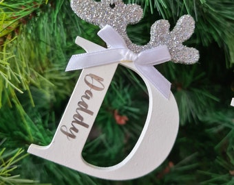 Personalised Stocking Filler,Reindeer Christmas Tree Decoration,Wooden letters,Silver bow alphabet ornament,Glitter hanging tree decorations