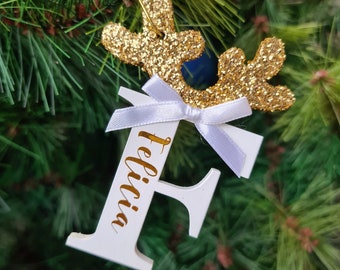 GOLD Personalised Christmas bauble,Gold letter reindeer decoration, Personalised Christmas Hanging Ornament,Gold Christmas tree decoration