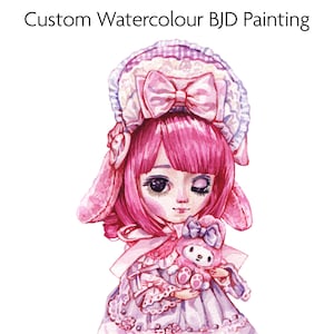 May include: Watercolor painting of a doll with pink hair, wearing a pink dress and bonnet. The doll is holding a pink stuffed animal. The text "Custom Watercolour BJD Painting" is at the top.