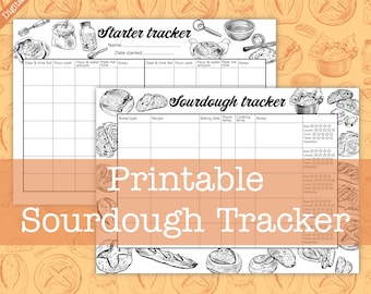 May include: Printable sourdough starter and bread tracker with black and white illustrations of bread, flour, and other baking supplies. The tracker includes sections for recording dates, times, temperatures, and notes.