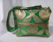 Emerald Green silk Obi with Gold Floral Medallions and Diagonal Petal Crosses, Vintage silk Obi handbag, Vintage silk Obi
