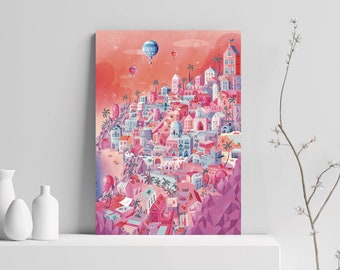 Illustration poster - poster decoration landscape city town sun holiday travel gift gift art
