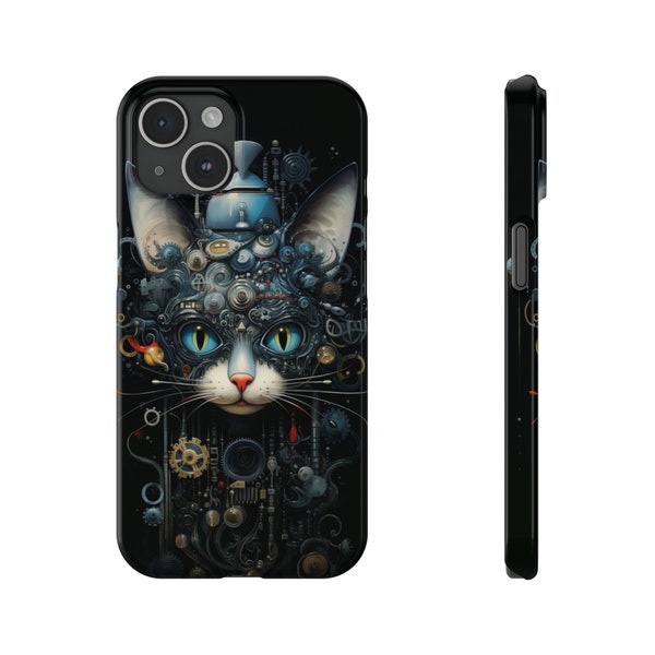 Clockpunk Cat 1: Mechanical Feline Marvel iPhone Slim Case, blend of art and mechanics, avant-garde iPhone case