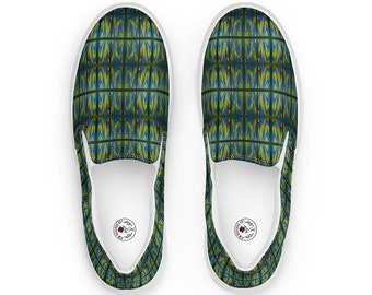 Women's Green Psychedelic Plaid Slip-Ons - Original Art Canvas Sneakers, Perfect for Festivals & Skateboarding, Unique Artistic Footwear