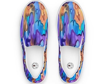 Lila opaleszierende Slip-Ons für Damen – Canvas-Schuhe mit Holzmaserung, originelles Kunstdesign, perfekt für stilvollen Komfort und Festivals