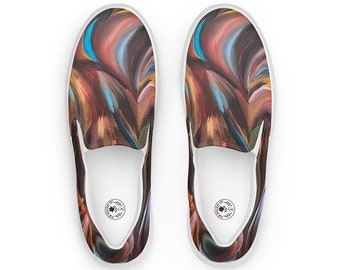 Women’s Psychedelic Brown & Blue Canvas Shoes - Slip-Ons, Original Painting Design, Groovy Artistic Footwear, Perfect for Everyday Style