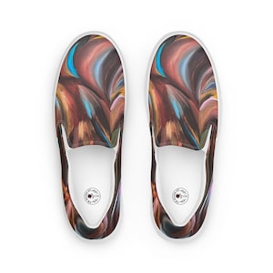 Chaussures en toile brunes et bleues psychédéliques pour femmes - Slip-ons, motif de peinture original, chaussures artistiques groovy, parfaites pour un style de tous les jours