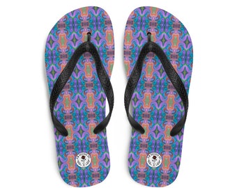 Psychedelische lila karierte Flip-Flops - lebendiges Originalkunstdesign, perfekt für Sommer- und Strandtage, einzigartige künstlerische Sandalen