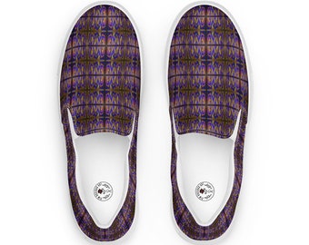 Women's Purple Psychedelic Plaid Slip-Ons - Original Art Canvas Shoes, Perfect for Everyday Style & Festivals, Unique Skater Sneaker