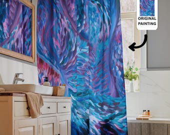 Blue Psychedelic Shower Curtain, Abstract Boho Bathroom Decor, Trippy Bath Curtain, Dopamine Home