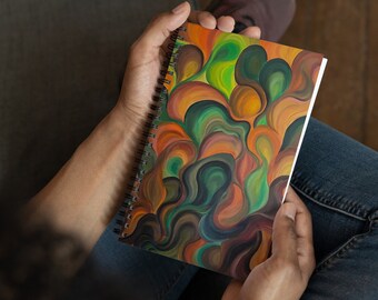 Orange & Green Abstract Notebook - Psychedelic Spiral Journal, Original Art Gratitude Diary, Unique Gift Stationery