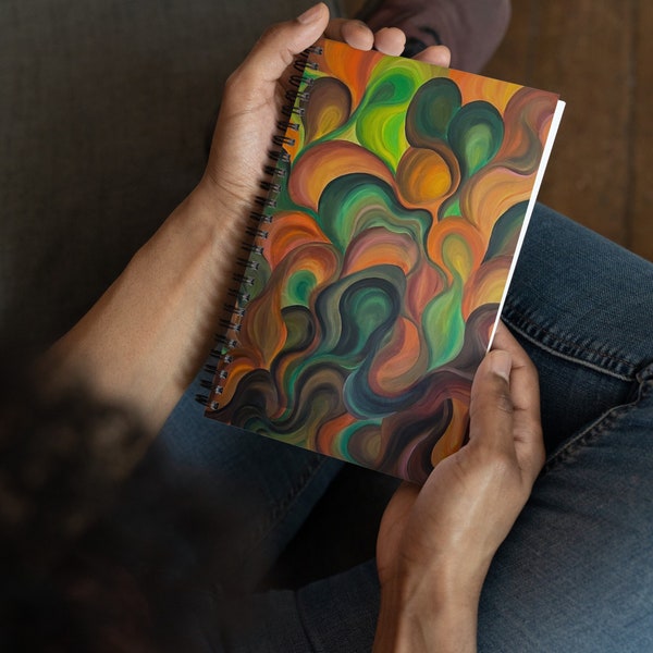 Orange & Green Abstract Notebook - Psychedelic Spiral Journal, Original Art Gratitude Diary, Unique Gift Stationery