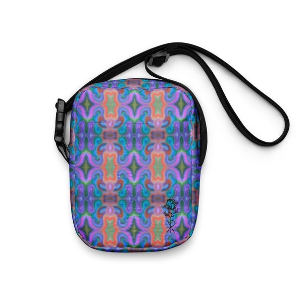 Purple Orange Psychedelic Plaid Crossbody Bag - Original Art, Groovy Funky Statement Piece, Perfect for Festivals, Concerts & Daily Use