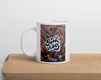 Retro Good Vibes Mug - Psychedelic Brown & Blue Design, Original Art Coffee Cup, Perfect Gift for Positivity, Coffee Lover Gift