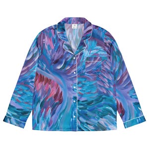 Silky Pajama Shirt for Women, Blue Long Sleeve Button Down Sleep Top, Abstract Art Loungewear, Trippy PJ Matching Set, Soft Nightwear