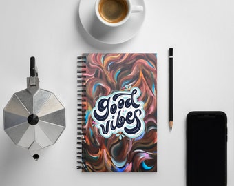 Psychedelic Good Vibes Notebook - Original Painting Design, Spiral, Brown & Blue, Positive Journal, Unique Art Stationery