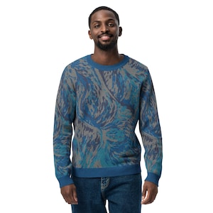 Blue Knit Sweater, Psychedelic Groovy Winter Fashion, Cozy Ski Sweater, Artistic Pullover, Warm Knitwear for Cold Weather, Comfy Outfit