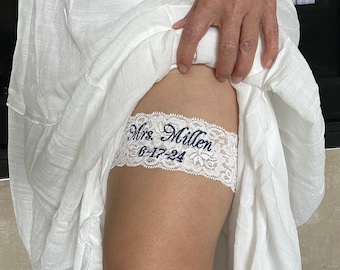 Personalized White Lace Bridal Garter: Embroidered Mrs. Last Name & Date, custom made to fit from Petite to Plus size Brides