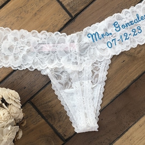 Custom Bridal Thong Panties, Personalized Sexy Bridal Lingerie with Embroidery, Coconut White Underwear, Anniversary Gift for Him