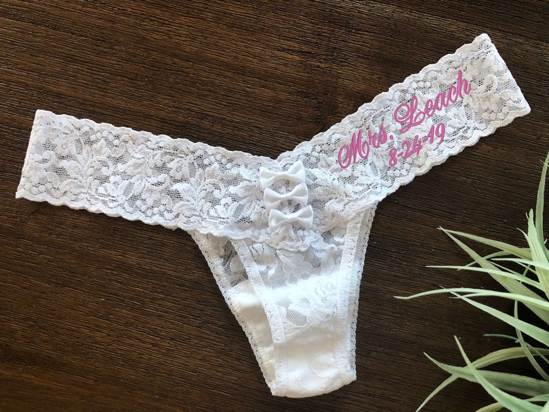 Hanky Panky Bridal Thong Panties underwear Personalized Embroidered with Mrs Name white lace bow Bride lingerie Anniversary Gift