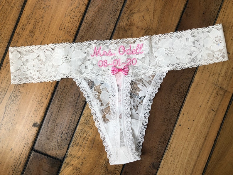Hanky Panky Bridal Thong Panties underwear Personalized Embroidered with Mrs Name white lace bow Bride lingerie Anniversary Gift