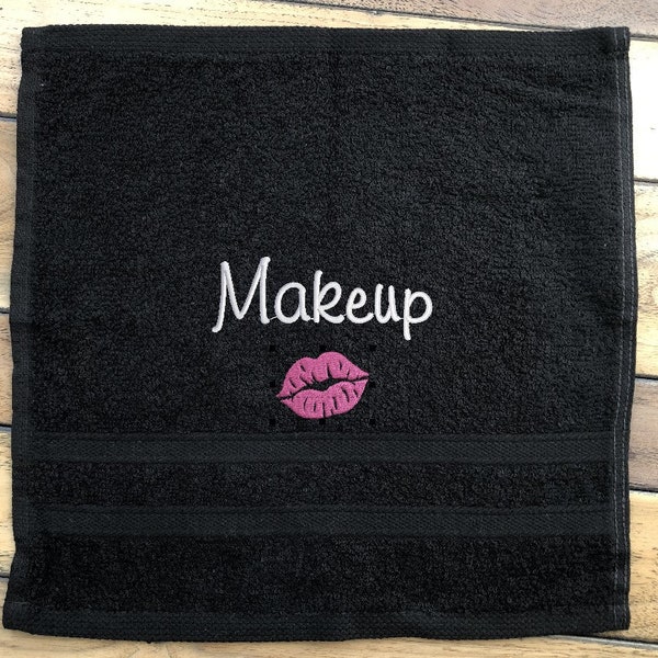 Makeup Face Washcloth in Black or Dark Grey embroidered towel Christmas Gift for Her