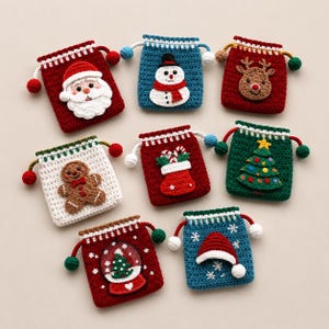 May include: Eight small, rectangular crochet drawstring pouches featuring Christmas-themed appliqués including Santa Claus, a snowman, a reindeer, a gingerbread man, a stocking with candy canes, a Christmas tree, a snow globe, and a Santa hat.
