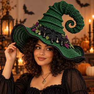 May include: A dark green crocheted witch hat featuring a tall, curled point and a wide brim. The hat is decorated with black lace, small black beads, purple crocheted leaves, black bat-shaped appliqués, a spiderweb motif, and gold star charms.