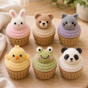 May include: Six crocheted cupcake-shaped plushies featuring animal heads: a white rabbit with pink ears, a brown bear, a gray cat, a yellow chick, a green frog with pink cheeks, and a black and white panda. Each has a tan base and colored top.