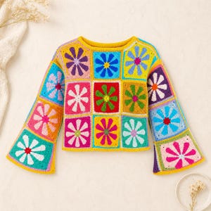 Daisy Patchwork Crochet Top Pattern PDF, Floral Square Sweater with Bell Sleeves, Colorful Boho Pullover