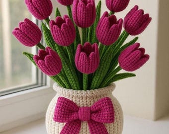 Pacchetto di schemi per realizzare un vaso di tulipani all'uncinetto / Amigurumi Fiore PDF / Fai da te adatto ai principianti / Download immediato