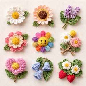 May include: A selection of nine handmade crochet flower and fruit appliques. The appliques include daisies, sunflowers, a bouquet of lavender, a smiling rainbow flower, a heart-shaped flower, bluebells, and strawberries. Each piece features detailed stitching and vibrant colours.