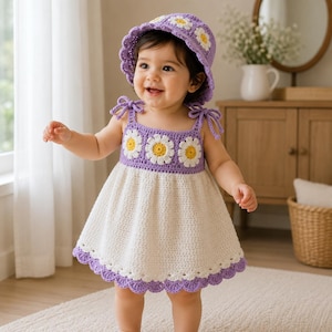 May include: A crochet dress and matching bucket hat set featuring a lavender bodice with three white and yellow daisy motifs. The dress has tie-up shoulder straps and a cream-colored skirt with a scalloped lavender hem. The hat has a matching daisy.