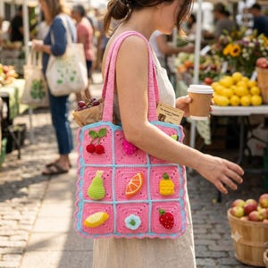 May include: A pink crochet tote bag featuring a grid of nine squares, each decorated with a different three-dimensional fruit or flower applique, including cherries, a pear, an orange slice, and a strawberry, with light blue trim and handles.
