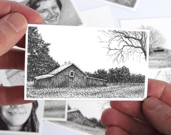 Highway 112 Barn #5 - Original Miniature Pen and Ink Winter Barn Scene Drawing