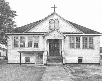 Historic St. Joseph Catholic School - Original Pen and Ink Drawing on Paper