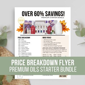 Puede incluir: Un folleto promocional para un paquete de inicio premium que incluye aceites esenciales, un difusor blanco y gráficos de hojas de otoño. El texto incluye OVER 60% SAVINGS, una lista de precios y detalles sobre el programa de lealtad y beneficios.